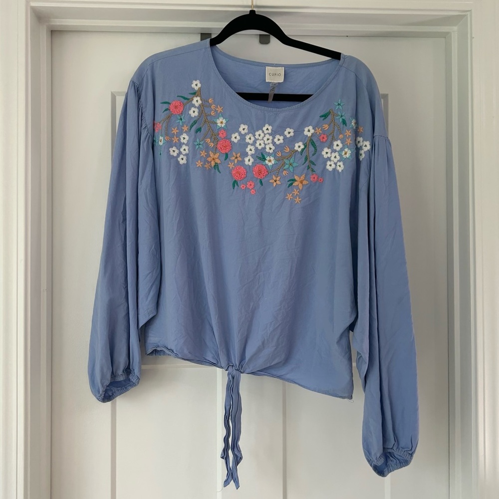 blue embroidered floral top